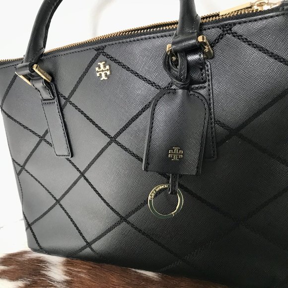 Tory Burch Black Robinson Stitched Mini Double-Zip Tote - Picture 2 of 7